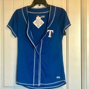 Texas Rangers Royal Blue Baseball Jersey with Red-Trimmed White T Logo